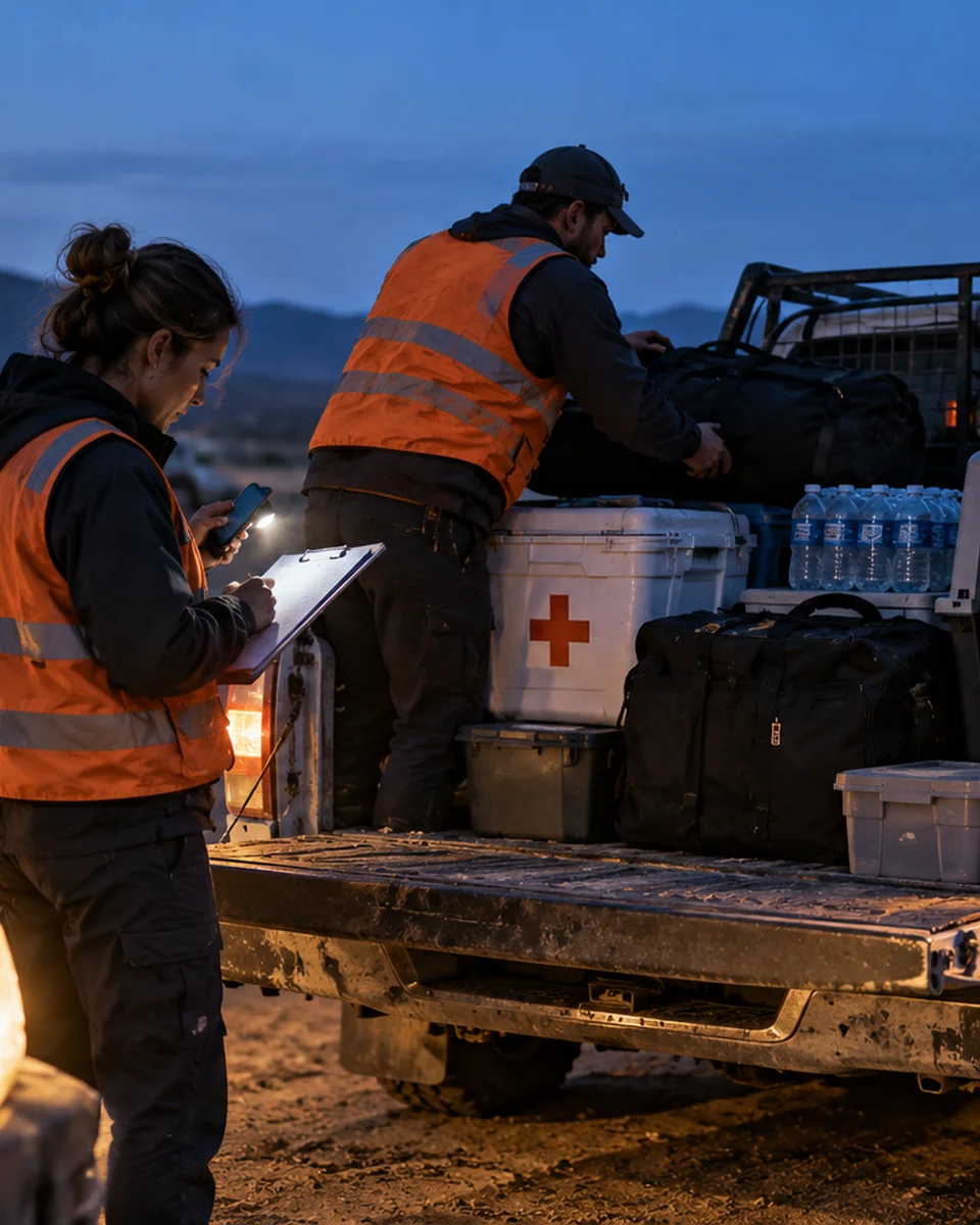 Team loading supplies into a 4x4 at dawn