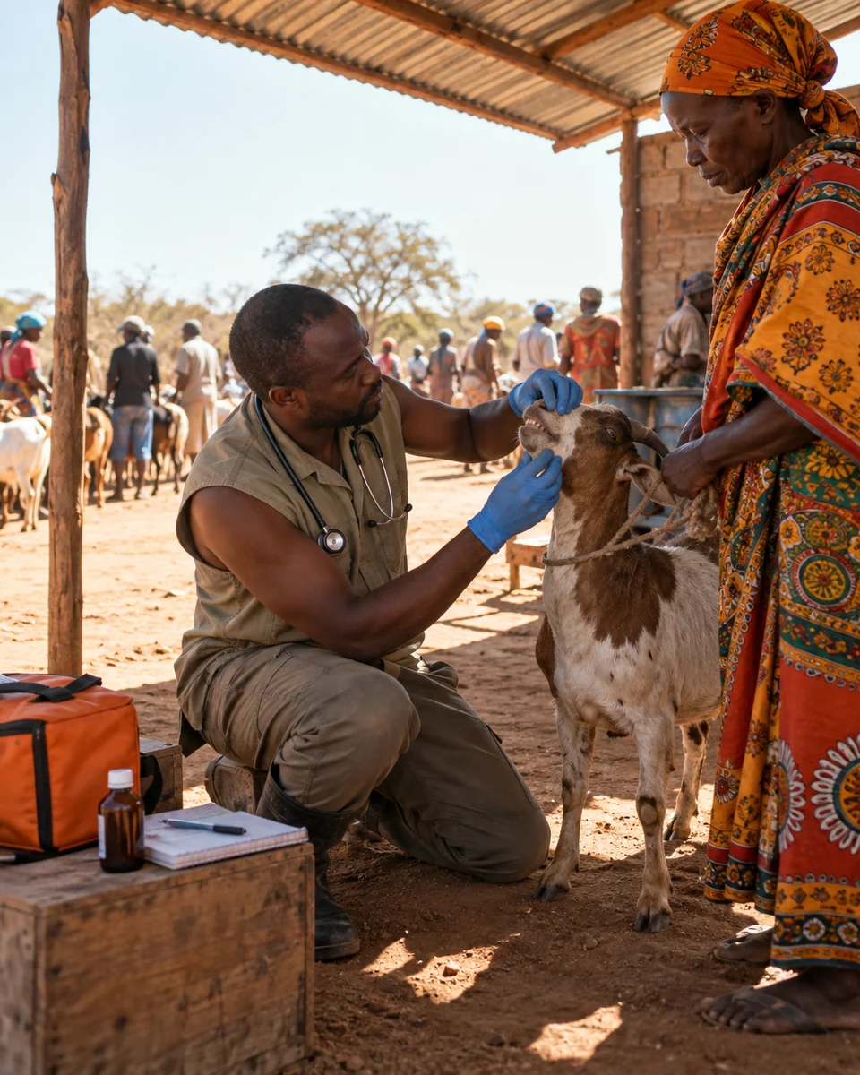 Field vet examining a goat in a village clinic