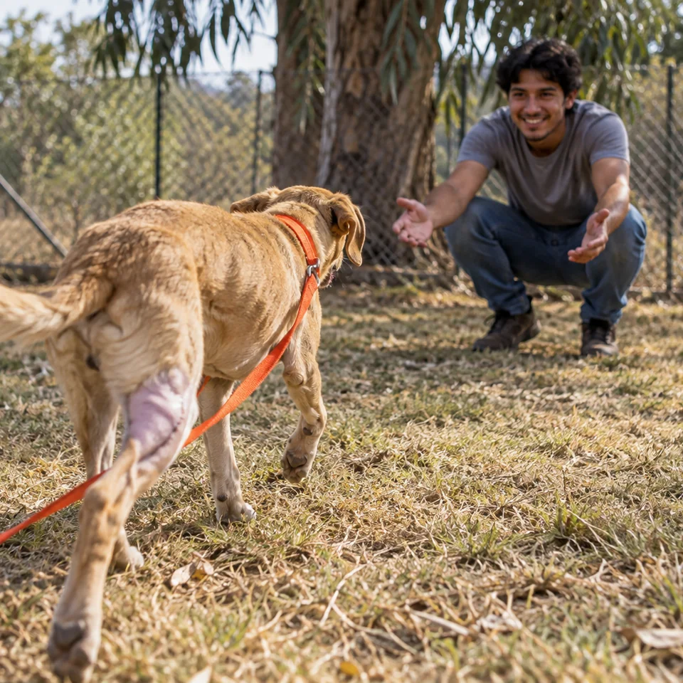 Rehabilitated dog taking first steps outdoors